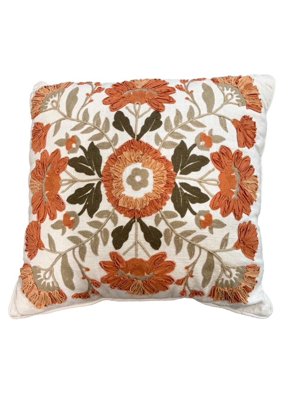 Embroidered Floral Throw Pillow. Fall square texture accent autumn orange green